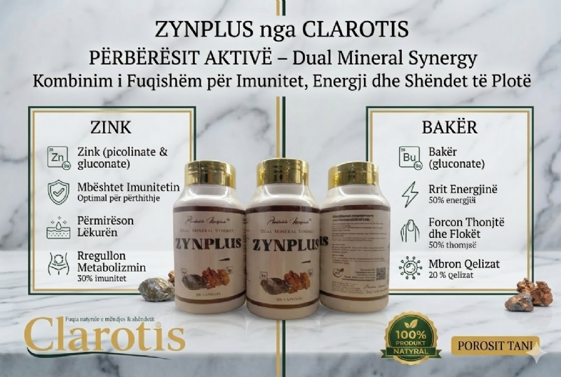 Suplement mineral natyral ZYNPLUS nga CLAROTIS, zinc picolinate, zinc gluconate, kapsula zink shqiperi, copper gluconate, kapsula per energji dhe imunitet trupor, mineral per shendet, kapsula per organizmin, suplement zinc