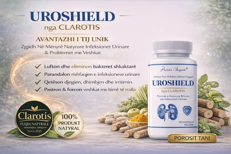 UROSHIELD suplement bimor nga CLAROTIS per urinim te shpeshte, suplement per mbrojtje veshkash, kapsula per trakt urinar, trajtim natyral infeksion veshkash, produkt per shendetin urinar, suplement per filtrimin renal, trajtim irritim urinar