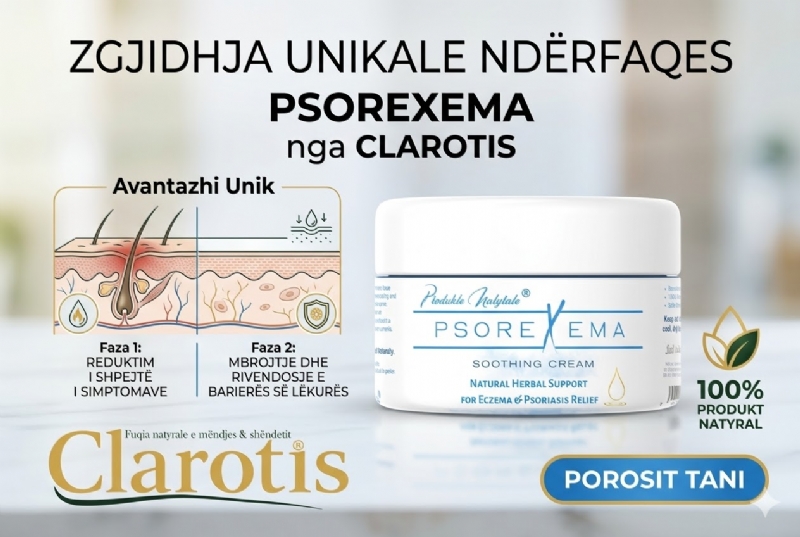 Psorexema krem nga CLAROTIS, krem ekzeme, krem psoriasis, krem natyral lekure, krem hidratues lekure, krem antiinflamator, krem per kruarje, krem per lekure te ndjeshme, trajtim lekure krem, krem qetesues, eczema cream natural