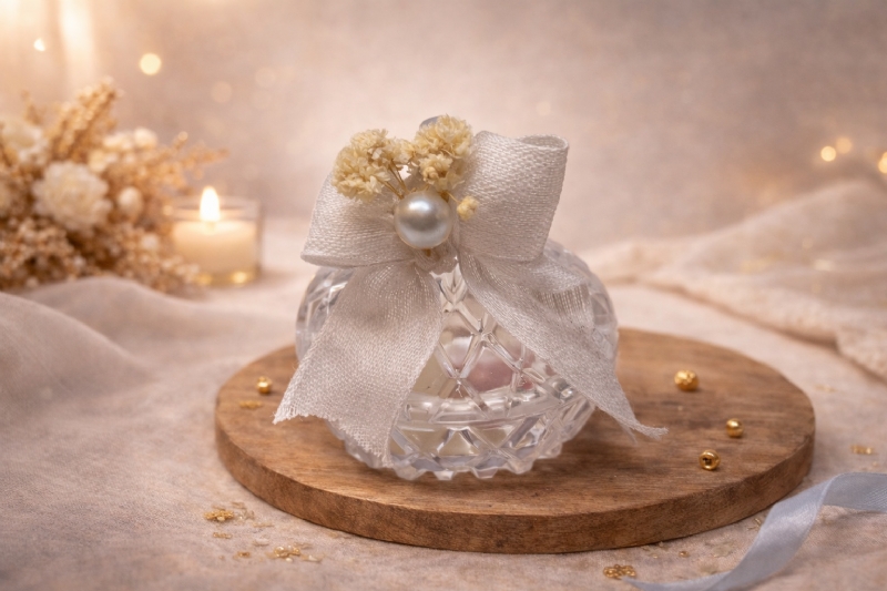 Kavanoz Dekorativ për Fejesa dhe Dasma me Fjongo të Bardhë dhe Perla, Konfete Elegante nga KONFETAT E ARTA, konfeta aristokratike per martese, dhurata high end per evente VIP, paketim me finiture luksoze, sete elitare ceremoniale